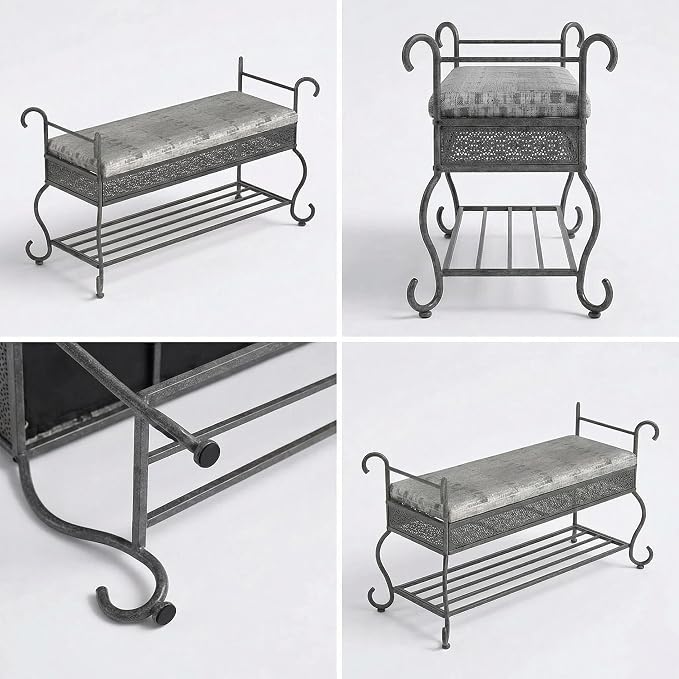 Bluecat 46" Entryway Shoe Bench,Vintage Wrought Iron Shoe Rack Bench with Padded Cushion, Heavy Duty Metal Shoe for Hallway, Foyer, Farmhouse Industrial Decor, Easy Assembly