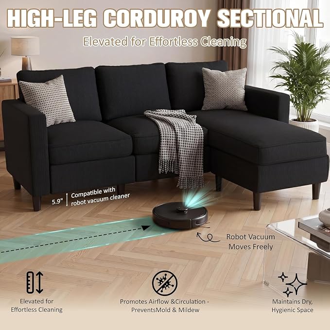 JAMFLY Sectional Sofa for Living Room, 3-Seat Reversible Couch with Convertible Ottoman, Modern L-Shaped Sofas for Small Apartment, Studio & Office, Tool-Free Easy Assembly, Black