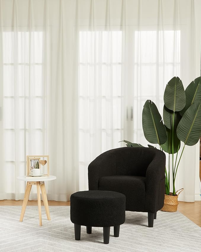 GarveeHome Accent Chair with Ottoman, Boucle Barrel Armchair, Modern Club Chair with Stool for Bedroom Reading Room, Stylish Corner Chair, Black