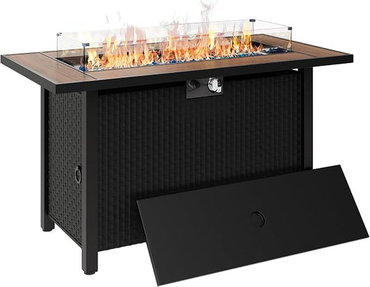 45 inch Propane Fire Pit Table, 50,000 BTU Outdoor Gas Fire Pit Table with Lid, Glass Wind Guard, Waterproof Cover, Rectangle Gas Firepit Table for Garden/Patio(Walunt)