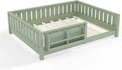 Bellemave Full Floor Bed with Slats and Rails, Full Size Montessori Floor Bed with Bookcase and Fence, Easy Assemble Montessori Beds for Girls, Boys, Avocado Green