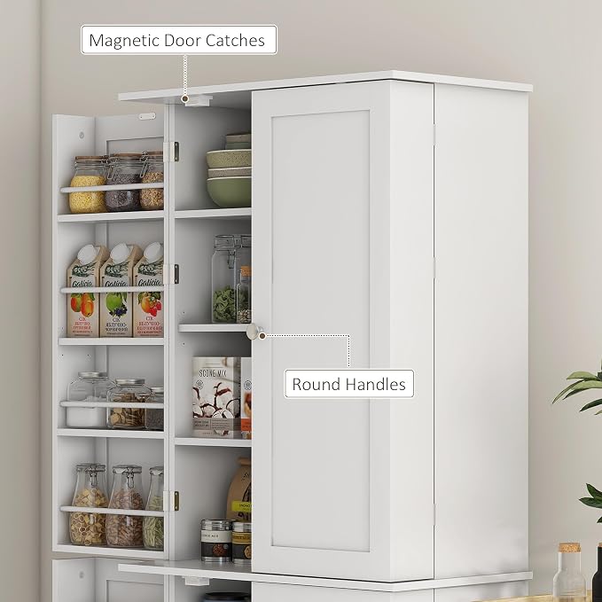 HOMCOM 65" Kitchen Pantry Storage Cabinet, Freestanding Kitchen Cabinet with 16 Door Shelves, Double Doors, 8-Tier Shelving and Adjustable Shelves, White