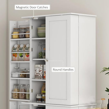 HOMCOM 65" Kitchen Pantry Storage Cabinet, Freestanding Kitchen Cabinet with 16 Door Shelves, Double Doors, 8-Tier Shelving and Adjustable Shelves, White