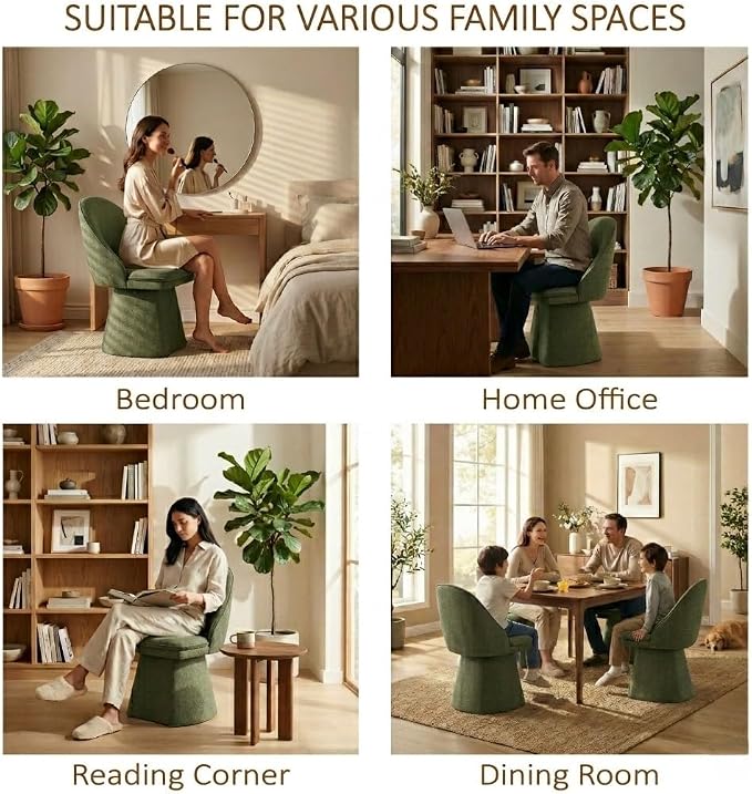 KISLOT Swivel Dining Chairs Set of 2, Upholstered Mid Century Modern Deskchair with Round Back, Linen Fabric Kitchen Chairs for Dining Room, Bedroom, Dressing Room, Green