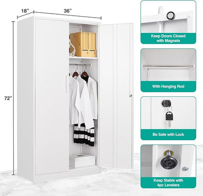 White Wardrobe Cabinet with Lock and Hanging Rod,72" Armoire Closet with Shelf,Lockable Storage Locker,Metal Storage Cabinet with Locking Doors,Steel Wardrobe for Home,Bedroom,Office,Employee,Shop