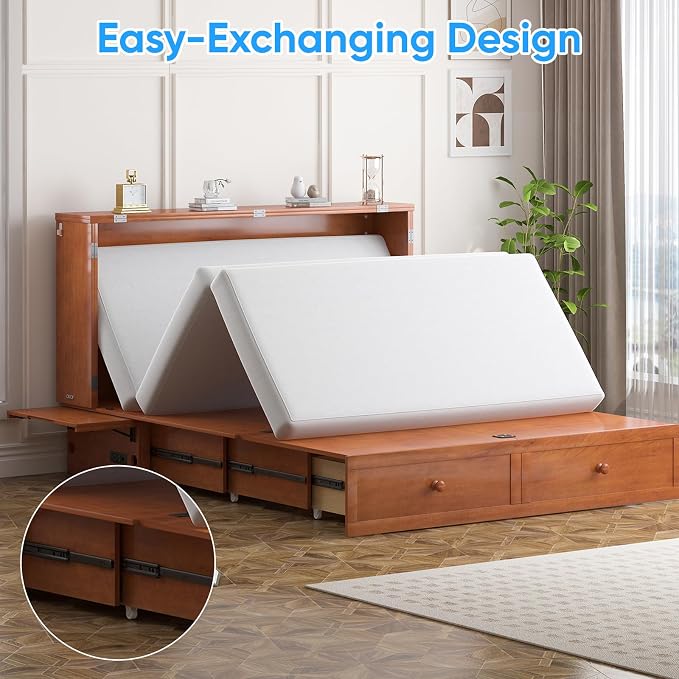 PUREMIND Murphy Bed Queen with Mattress Included, Multi-Functional Hideaway Cabinet Bed with 2 Storage Drawers, USB Charging Ports & Headboard, Space-Saving Chest Wallbed Beds for Guest Room, Cherry