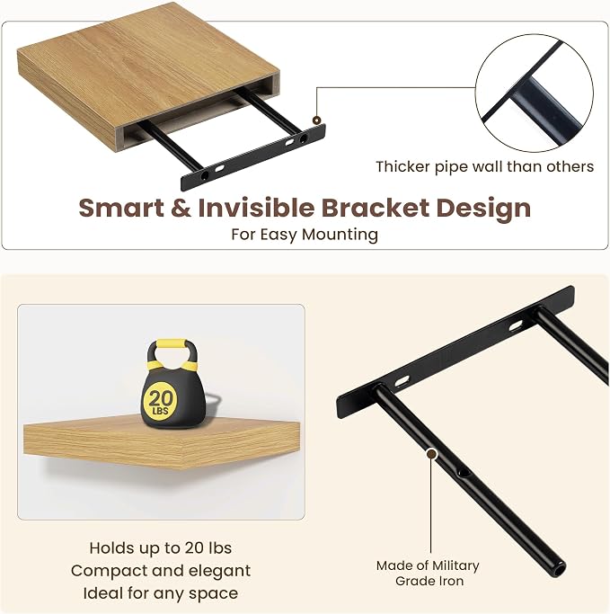 Fun Memories Floating Shelves for Wall - 7.5 Inch Square Shelves with Invisible Brackets, Small Wall Shelf for Living Room, Bathroom, Bedroom, and Kitchen Decor Oak Set of 3