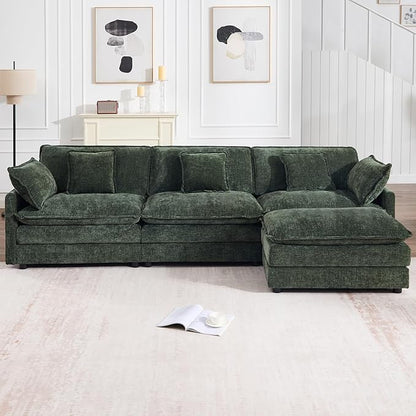 111.5" Modular Sectional Sofa, Large L Shaped Sectionals Cloud Couch, Big Comfy 3-Seat Couch with Ottoman, 4 Seater Chenille Sectional Sofa with Deep Seat and 5 Pillows for Living Room- Green