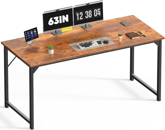 DUMOS 63 Inch Computer Office Desk Writing Gaming Study Work Large Desks for Bedroom Home Office with Metal Frame Simple Modern PC Table Workstation, Wood Brown
