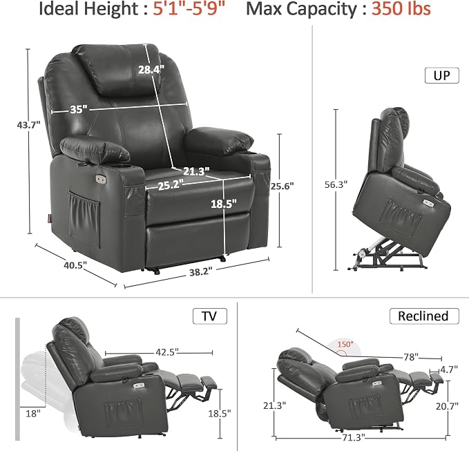 MCombo Extra Wide Power Lift Recliner Chair for Elderly, Lift Chair with Heat and Massage for Big People, USB&Type C Ports, Cup Holders, Faux Leather R7045 (Grey, Medium-Wide)