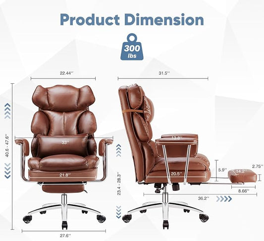 DUMOS Home Office Desk Executive Chair - Ergonomic Big Tall High Back with Footrest & Lumbar Support, Reclining Height Adjustable, Comfy PU Leather Computer Gaming with Swivel Wheels, Brown