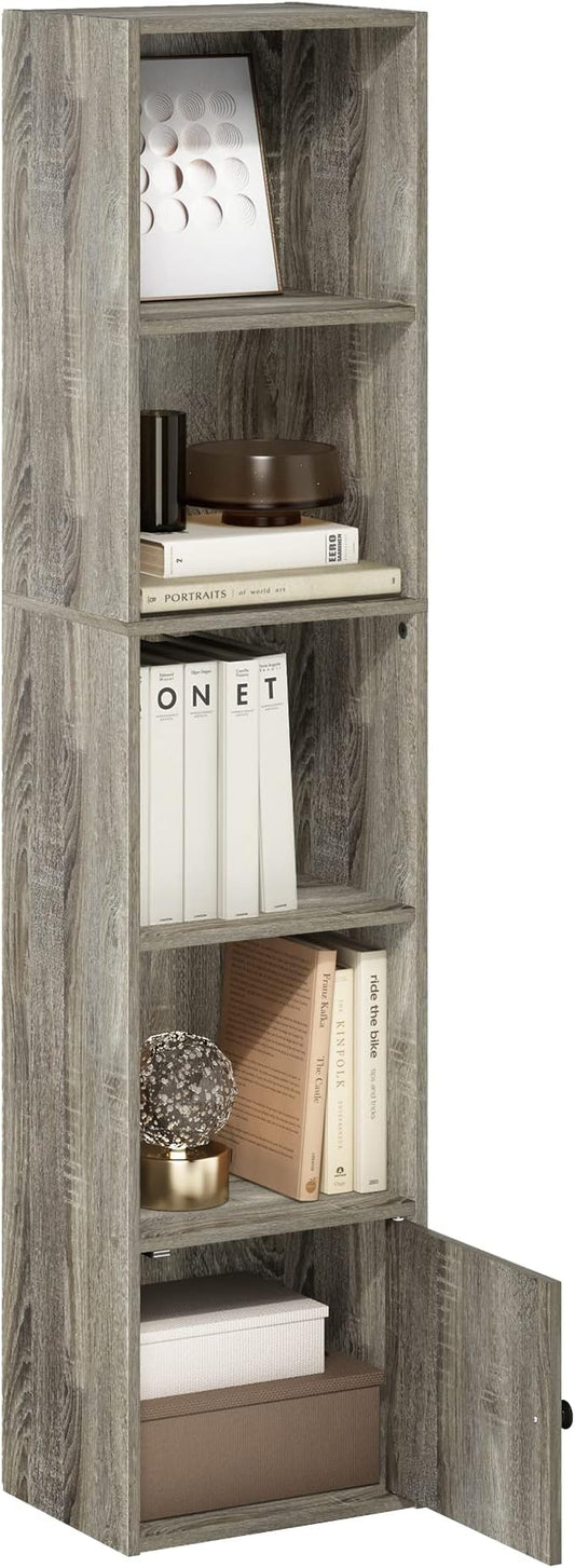 Furinno LUDER Book Shelf, 5-Tier Modern Bookshelf, Bookcase with 1 Door Storage Cabinet, 9.3 x 12 x 52, for Organization and Storage, for Living Room, Bedroom, Home Office, French Oak