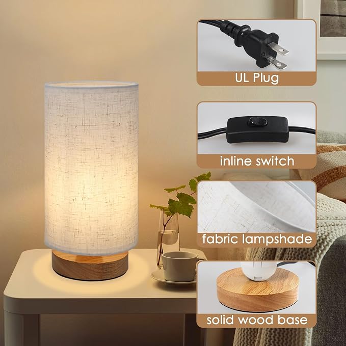 Small Bedside Night Table Lamp for Bedroom, Minimalist Nightstand Lamp with Round Fabric Linen Shade, Study Reading Desk Lamp for Kids Room, Living Room, College Dorm, Home, Office