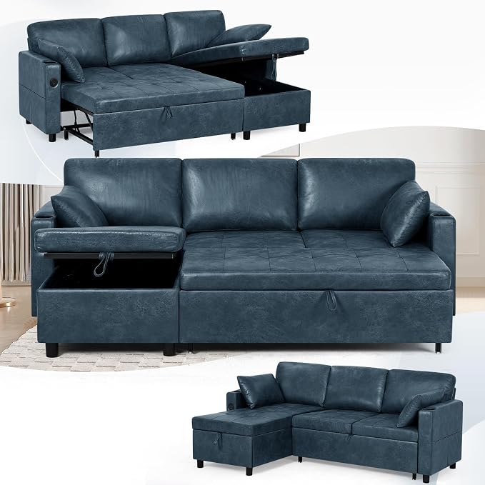 84" L-Shape Pull Out Sofa Bed with Adjustable Backrest, Upholstered Sectional Sleeper Sofa with Storage Chaise, Suede Leather Reversible Couch Bed with USB Port for Living Room, House, Blue