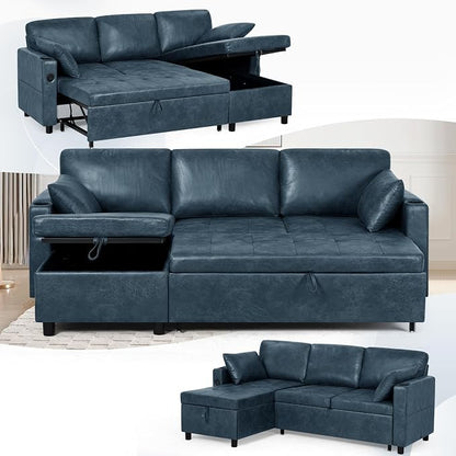 84" L-Shape Pull Out Sofa Bed with Adjustable Backrest, Upholstered Sectional Sleeper Sofa with Storage Chaise, Suede Leather Reversible Couch Bed with USB Port for Living Room, House, Blue