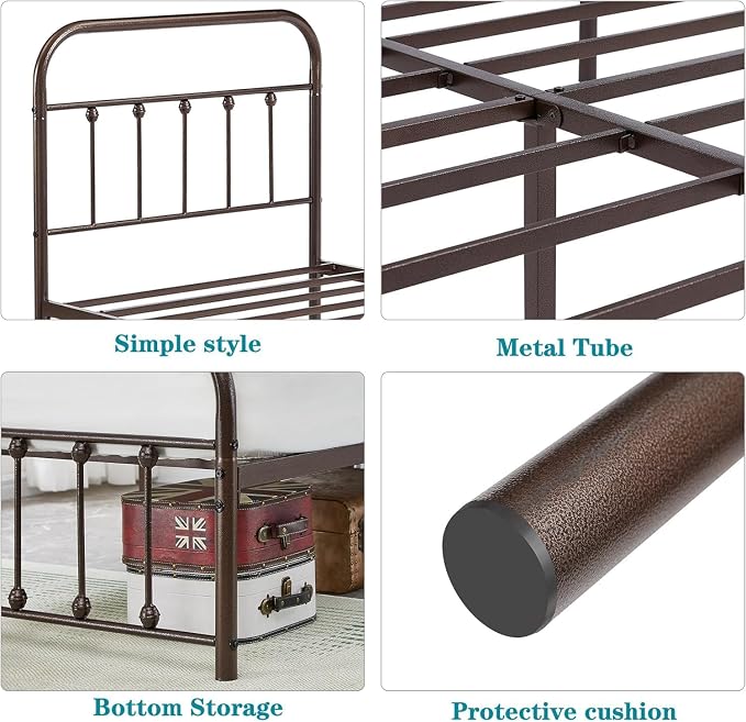 VECELO Purple Bronze Metal Bed Frame Twin Size with Vintage Headboard and Footboard, No Box Spring Needed, Premium Stable Steel Slat Support Mattress Foundation