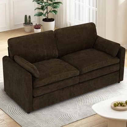 69” Chenille Loveseat Sofa w/Arm Pillows, Upholstered 2-Seater Sofa w/Comfortable Back Cushions, Modern 2 Seats Couch w/High-Density Foam for Living Room, Apartment, Office, Brown
