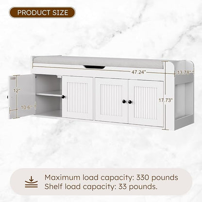 47.2" Storage Bench - Entryway Shoe Bench with Side Storage Shelves and 4 Doors, Multifunctional Entryway Bench with Lift Top Cushion, Shoe Storage Bench for Bedroom, Living Room, White
