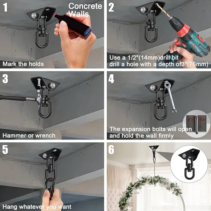 Hammock Hanging Kit, 2 Pack Hanging Chair Hardware 360°Rotating Hammock Hooks Heavy Duty, Hammock Chair Hanging Kit & Swing Ceiling Hook Snap for Hammock Chair Stand,Seat,Yoga,Gym, 1000 lb Capacity