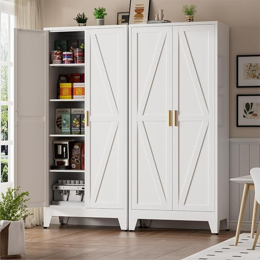 Metal Kitchen Pantry Cabinet,71" White Farmhouse Storage Cabinet with 2 Vintage Barn Doors and 4 Adjustable Shelves, Rustic Freestanding Cupboard for Kitchen,Home Office Living Room,Dining Room