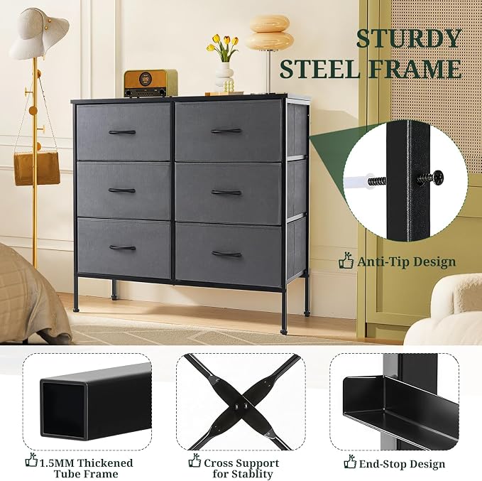 6-Drawer Dresser for Bedroom, Anti-Tip Wide Storage Organizer Chest of Drawers with Wooden Top and Metal Frame Fabric Bins for Closet, Living Room, Hallway, Entryway, Gray