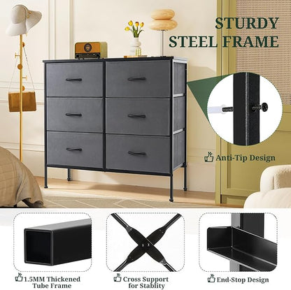 6-Drawer Dresser for Bedroom, Anti-Tip Wide Storage Organizer Chest of Drawers with Wooden Top and Metal Frame Fabric Bins for Closet, Living Room, Hallway, Entryway, Gray