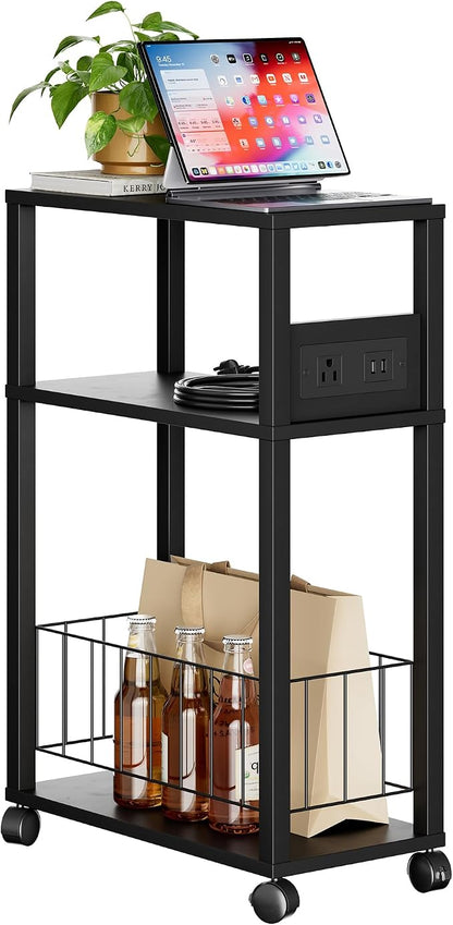 DGSANDGO Black Narrow Rolling Side Table with Charging Station (Outlets/USB Ports) & Storage Basket - Small Space End Table for Living Room Bedroom Office (Black)