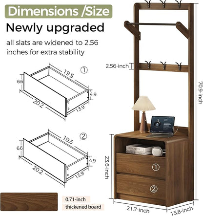 Messenya Mid Century Modern Bedroom Nightstand with Clothes Rack and Hooks | Bedside Table with Hanging Rod, 6 Storage Hooks, Charging Station, Dual Drawers, Rounded Corner, Open Shelf, Walnut Finish