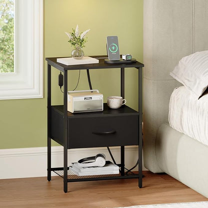 Somdot Nightstand with Charging Station and LED Light for Bedroom, Bedside Table End Table for Dorm Guest Room Bedside Kids Laundry Closet Entryway Hallway, Black