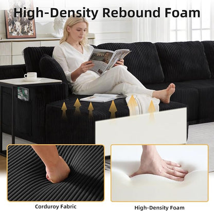 130" U-Shaped Modular Sectional Sofa with Chaise, Boneless Corduroy Flexible Module Seating for Living Room, Cloud Couch with Cup Holders and Side Pockets, No Assembly (Black)