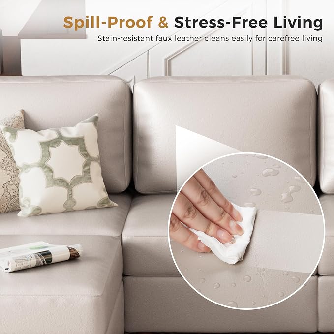 ABCASA 118.5" Faux Leather Luxury Modular Sleeper Sofa Bed with Storage Seat, 8 Seat Sectional Couch Deep Seat with Reversible Chaises & Removable Cover - Whitesand