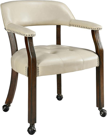 LEEMTORIG Large Dining Chairs with Casters and Arms, Rolling Dining Chairs with Wheels, Solid Wood Office Desk Chairs, 26“Dx25.2 Wx31.5“H, Espresso Legs & Beige PU, XXY-1910-BG