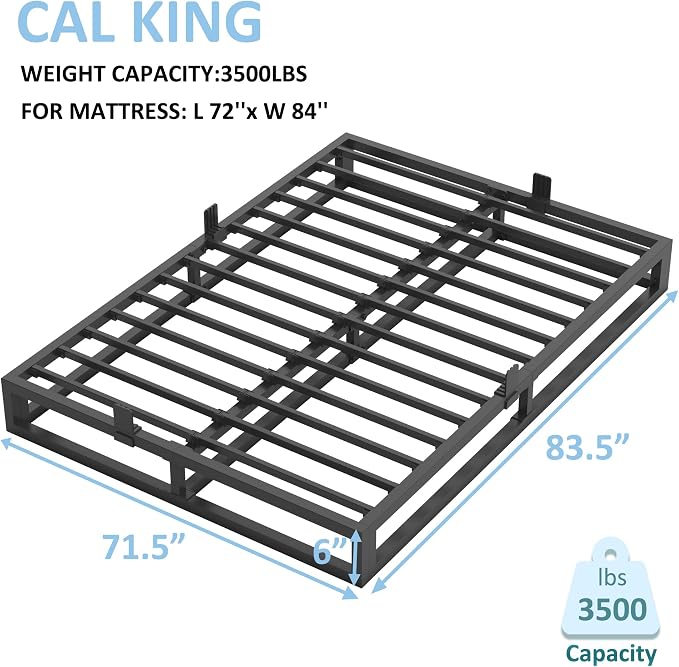 Bilily 6 Inch California King Bed Frame with Steel Slat Support,Low Profile Cal King Metal Platform Bed Frame Support Mattress Foundation,Heavy Duty,No Box Spring Needed,Easy Assembly,Noise Free
