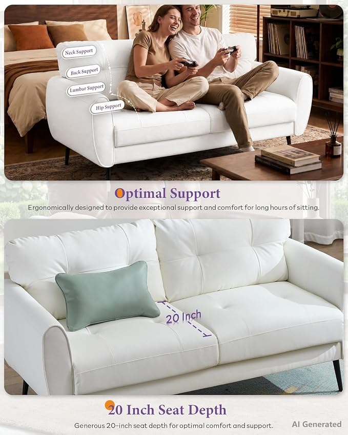 TYBOATLE 61" Loveseat Couches for Living Room, White Faux Leather Couch Mid Century Modern Tufted Mini Sofa Comfy Office 2 Seat Settee Love Seat Small Couches for Small Spaces Bedroom, White