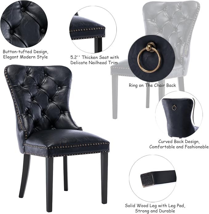 CIMOTA Black Leather Dining Chairs Set of 6 Mid Century Modern Dining Room Chairs Tufted Upholstered Kitchen Dining Chairs Comfortable Side Chairs with Nailhead Trim/Ring Back (PU /6PCS)