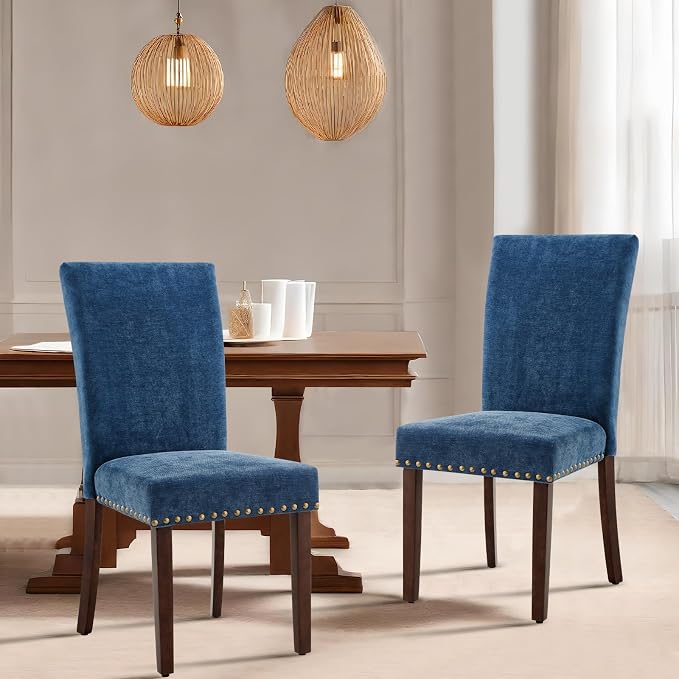 COLAMY Upholstered Parsons Dining Chairs Set of 2, Fabric Dining Room Kitchen Side Chair with Nailhead Trim and Wood Legs - Dark Blue