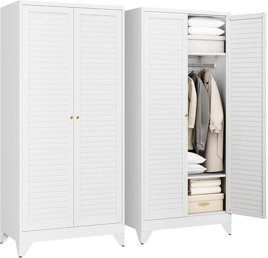 Letaya Armoire Wardrobe Closet,20" Deep Metal Wardrobe Cabinet with Doors and Shelves,Hanging Rod Clothing Storage Cabinets for Home Room (White)