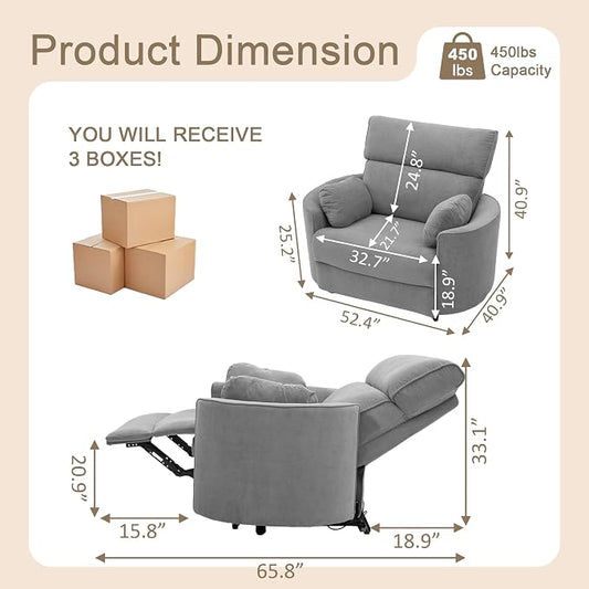 450lbs Oversized Power Recliner Chair, 53" Extra Wide Electric Recliner for Big and Tall Adults, Single Sofa with USB & Type-C Ports, Pillows, Chair for Living Room, Bedroom, Office (Gray)