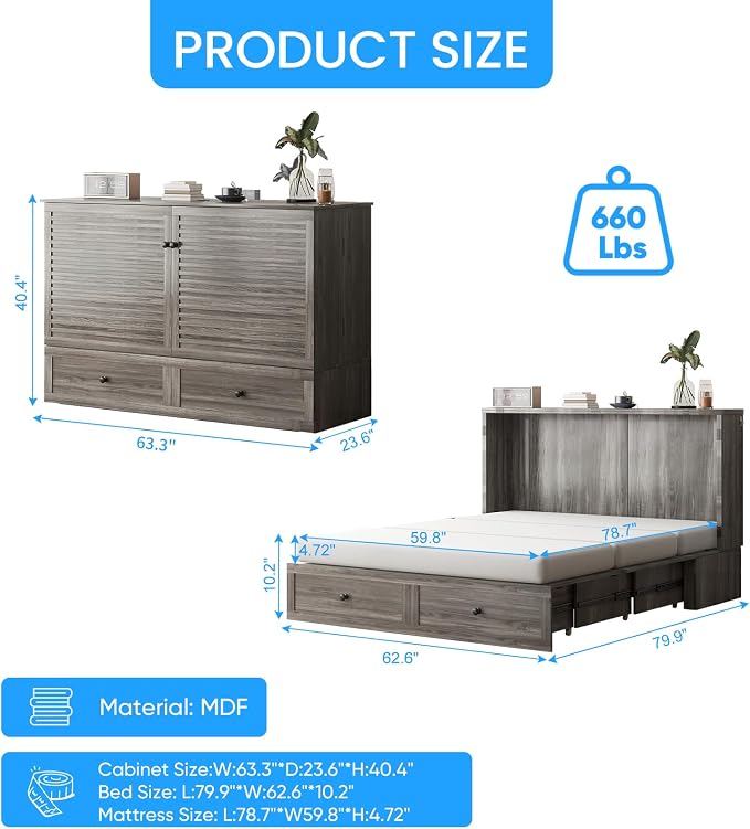 PUREMIND Queen Murphy Bed with Mattress Included, Murphy Bed Cabinet with Storage Drawer, Charging Station, Headboard, Space Saving Wall Beds for Guest Room