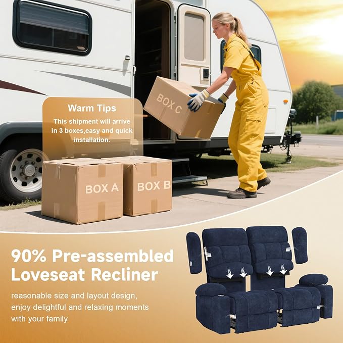 RV Loveseat Recliner Sofa, Wall Hugger Reclining Loveseat RV Couch with USB Ports, Cup Holders, Pockets, 150° Adjustable RV Furniture Velvet Fabric Recliners for Travel & Home Theater Seating
