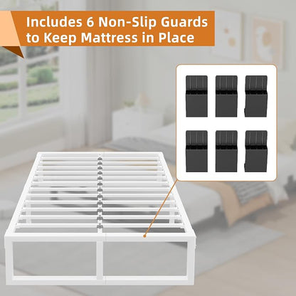 Full Size Bed Frame, 14 Inch Metal Platform Bed Frames with Squeak Free U-Slot Design, 6 Non-Slip Guards, 3500lbs Heavy Duty Steel Slat Support, No Box Spring Needed, Under Bed Storage, White