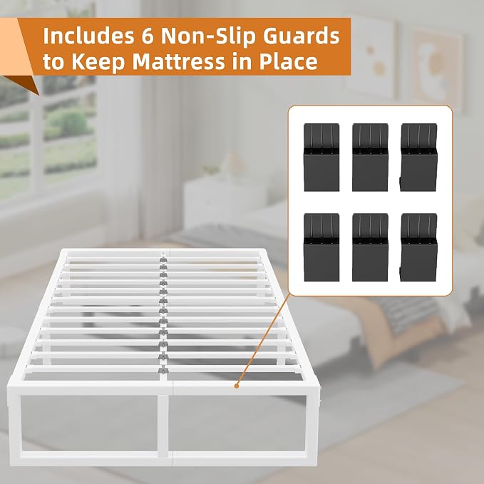 Queen Bed Frame, 18 Inch Metal Platform Bed Frames with Squeak Free U-Slot Design, 6 Non-Slip Guards, 3500lbs Heavy Duty Steel Slat Support, No Box Spring Needed, Under Bed Storage, White