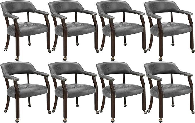 LEEMTORIG Set of 8 Dining Chairs with Casters and Arms, Rolling Dining Chairs with Wheel for Elderly, Ergonomic Wide Seat Wood Office Desk Chairs, 26"Dx25.2"W, Espresso Legs&Dark Grey Fabric SY-318-GY