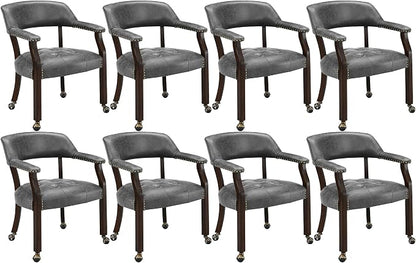 LEEMTORIG Set of 8 Dining Chairs with Casters and Arms, Rolling Dining Chairs with Wheel for Elderly, Ergonomic Wide Seat Wood Office Desk Chairs, 26"Dx25.2"W, Espresso Legs&Dark Grey Fabric SY-318-GY