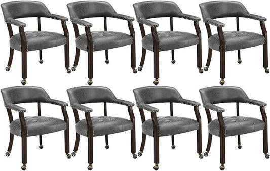 LEEMTORIG Set of 8 Dining Chairs with Casters and Arms, Rolling Dining Chairs with Wheel for Elderly, Ergonomic Wide Seat Wood Office Desk Chairs, 26"Dx25.2"W, Espresso Legs&Dark Grey Fabric SY-318-GY