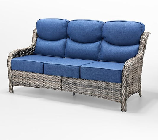 Luxury Patio Sofa 3-Seat Wicker Couch with 6" Thick Cushion - Outdoor Furniture Rattan Sofa with Deep Seating High Back Outdoor Sofa for Patio Garden Balcony Sunroom Backyard, Grey | Blue