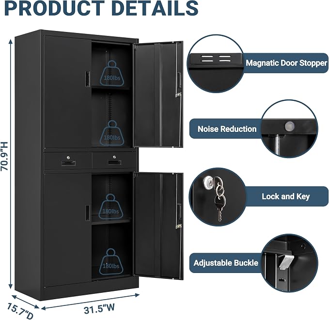 71" H Tall Metal Storage Cabinet with 2 Drawers, Metal Garage Storage Cabinet with Lock and 2 Adjustable Shelves for Home, Office, Garage, Warehouse Organize, Black