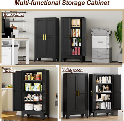 47" Black Metal Storage Cabinet with 2 Doors and 3 Adjustable Shelves,Steel Garage Tool Cabinet, File Cabinet,Kitchen Pantry Cabinet for Home,Office,Garage,School,Warehouse