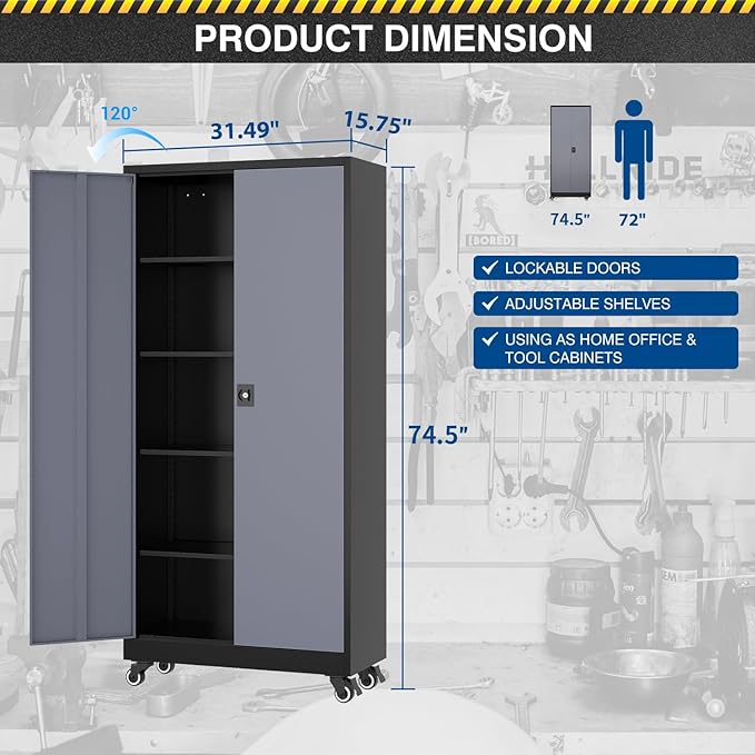 Fesbos Metal Rolling Storage Cabinet-74.6” Tall Steel File Cabinets with Wheels Lockable Doors and Adjustable Shelves-Black & Gray Steel Storage Cabinet for Home, School, Office, Garage