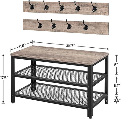 HOOBRO Hall Tree Entryway Storage Bench, Coat Rack Shoe Bench, Shoe Rack Organizer with Coat Hooks, 3-in-1 Design, Wooden Furniture with Metal Frame, Greige and Black BG17MT01
